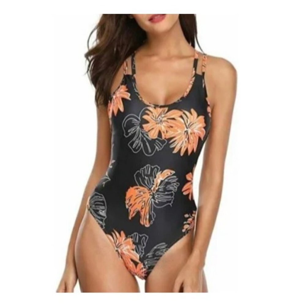 MarinaVida Womens Black & Orange Floral Strappy Swimsuit -SzXXL